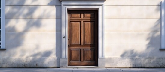 Wall Mural - Classic wooden door in rich brown hues centered on a historic cream stone wall, showcasing vintage charm and architectural elegance.