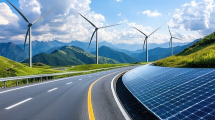 Poster - renewable energy landscape with solar panels and wind turbines on a mountain road