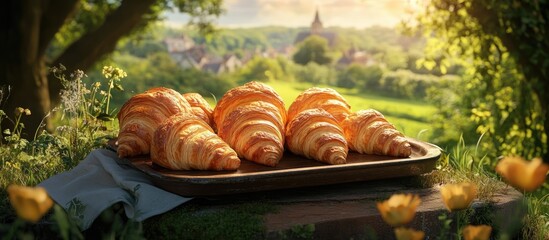 Chef presenting a golden tray of freshly baked croissants in a serene grassy landscape with sunlight illuminating the delicious pastries and flowers.