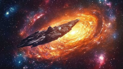 Poster - Spaceship travels through a swirling orange and blue nebula