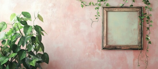 Wall Mural - Green framed blank canvas on textured peach wall surrounded by lush green foliage creating a serene and inviting atmosphere.