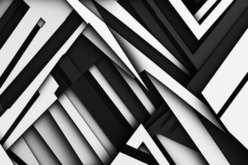 Poster - black and white abstract image with white lines and squares. The image is a collage of various shapes and sizes, creating a sense of depth and texture. The composition is dynamic
