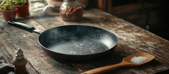 Wall Mural - Rustic kitchen scene featuring a dark frying pan on a weathered wooden table with a wooden spatula and salt sprinkled nearby in warm tones.