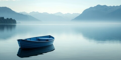 Wall Mural - blue rowboat on calm waters with mountains in the background, representing serenity and peacefulness. Web banner with copy space on the left side. 