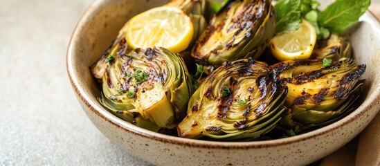 Wall Mural - Ceramic bowl on rustic table with grilled green artichokes and lemon slices garnished with fresh herbs in soft natural lighting