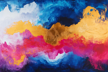Poster - painting of a colorful sky with gold and blue streaks. The painting is abstract and has a dreamy, ethereal quality. The colors and brushstrokes create a sense of movement and energy