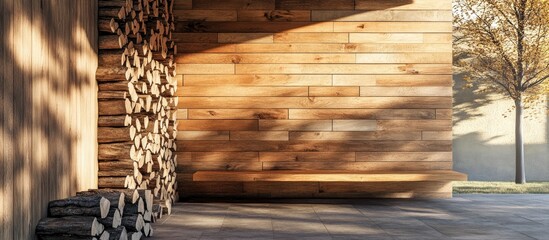 Wall Mural - Wooden wall with stacked logs illuminated by soft sunlight features warm brown tones, textured wood grain, and a minimalist aesthetic in a serene environment.