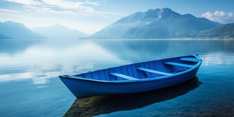 Wall Mural - blue rowboat on calm waters with mountains in the background, representing serenity and peacefulness. Web banner with copy space on the left side. 