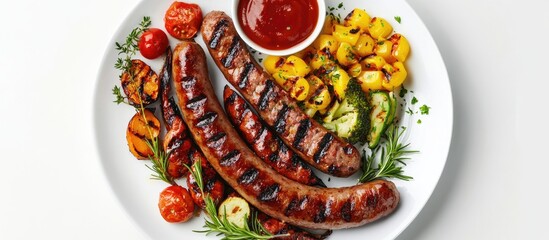 Wall Mural - Grilled sausages with charred tomatoes and roasted squash on a white plate, garnished with herbs, served alongside barbecue sauce.