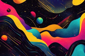 Poster - Abstract cosmic landscape with planets and colorful waving lines