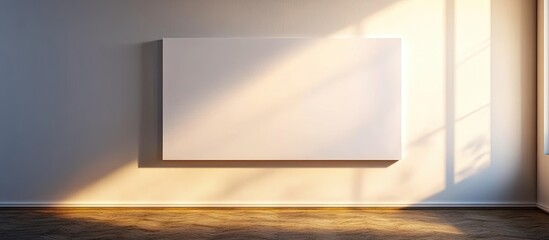 Wall Mural - Horizontal blank canvas mockup displayed on a light-filled wall with soft shadows and warm wooden floor in a modern home interior setting