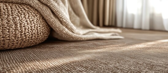 Wall Mural - Textured brown carpet resembling travertine stone with dynamic movement and soft knit blanket in warm tones illuminated by natural light.