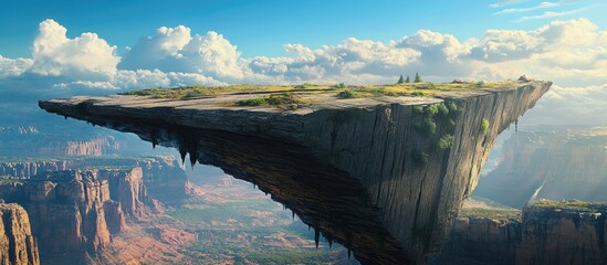 Wall Mural - A dramatic knife-edge ridge floats above a vibrant natural landscape with lush greenery and rocky cliffs under a bright blue sky with white clouds.