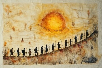 Wall Mural - Hikers journeying uphill towards a large warm sun setting in the background amidst a serene landscape