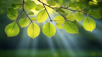 Poster - Sunlit spring leaves, forest background, nature tranquility, ideal for websites