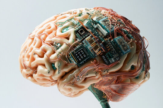 Futuristic brain design featuring circuit board elements merging technology with organic structure