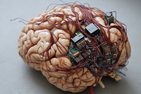 Futuristic brain design featuring circuit board elements merging technology with organic structure
