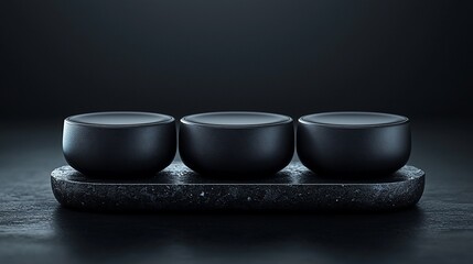 Poster - Three black bowls on dark stone tray, dark background, minimalist product shot