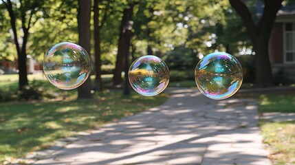 Aufkleber - Three soap bubbles float above park path