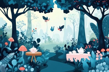 Wall Mural - Whimsical tea party setting within an enchanted blue forest