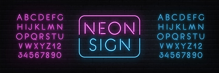 Poster - Neon Duo pink and blue alphabet on brick wall background. Template with glow letters for light text sign.