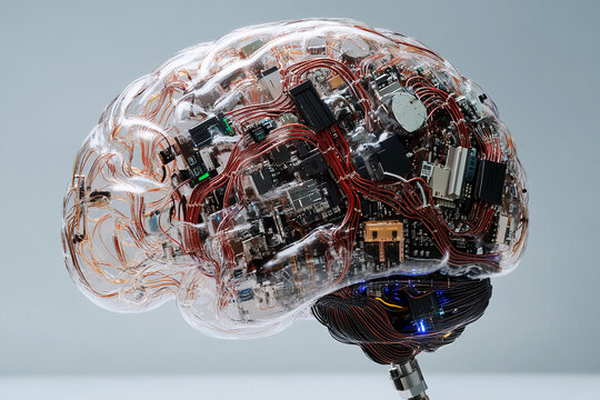 Futuristic brain design featuring circuit board elements merging technology with organic structure