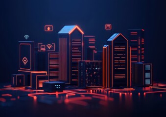 Poster - A futuristic cityscape with glowing buildings and digital icons, emphasizing technology and connectivity in an urban environment.