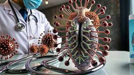 Poster - Medical professional analyzes virus and human anatomy in a modern laboratory setting showcasing intricate details of health science. Generative AI