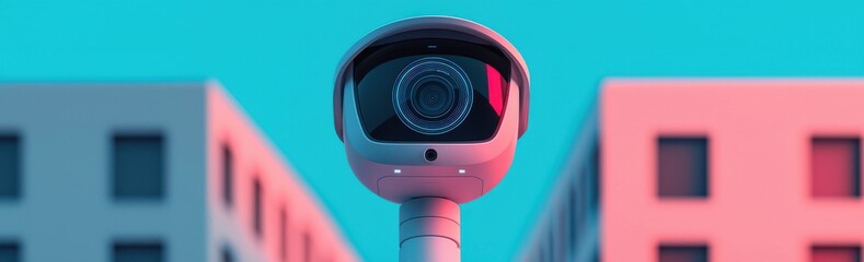 Poster - A modern surveillance camera stands against a vibrant blue and pink backdrop, highlighting urban security technology.