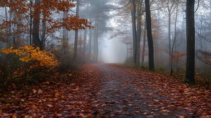 Wall Mural - A misty path through the woods with fallen leaves