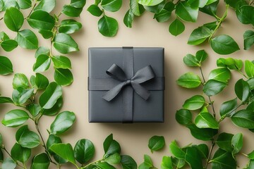 Wall Mural - Elegant gift box arrangement with black ribbon and leaves.