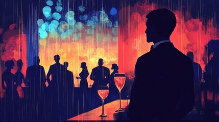 Wall Mural - Silhouette of a man in suit at a cocktail party