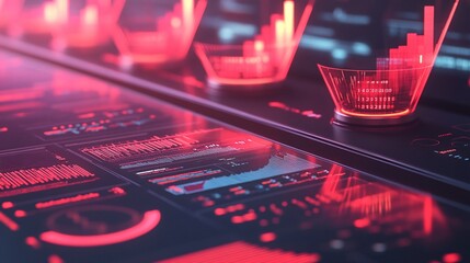 Red illuminated futuristic control panel displays graphs and charts.