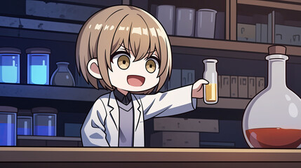 Girl in laboratory holding beaker with chibi anime scientist character reaching for high shelf in science lab setting