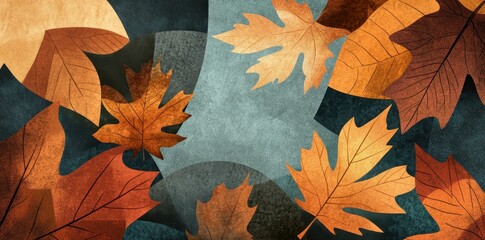 Wall Mural - Autumn leaves in varied shades arranged against textured background