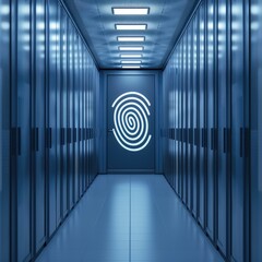 Poster - Modern Data Center Corridor with Fingerprint Security Concept