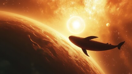 Wall Mural - whale swims in space near a planet and a sun