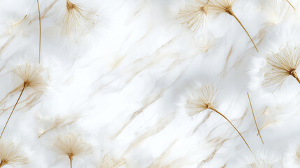 Wall Mural - Delicate dandelion seeds on soft marble background create serene atmosphere