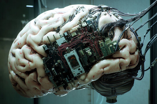 Futuristic brain design featuring circuit board elements merging technology with organic structure
