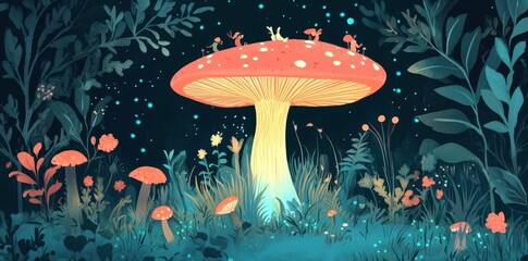 Sticker - Fairies gather atop a large mushroom in a dark forest