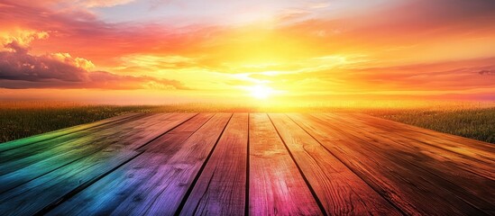 Wall Mural - vibrant sunset with colorful rainbow hues illuminating a wooden table in the foreground, positioned 
