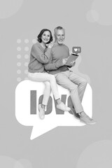 Leinwandbilder - Vertical collage image of two lovely aged people embrace sit big dialogue love bubble use tablet isolated on pink background