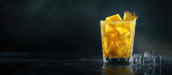 Aufkleber - Refreshing chilled pineapple lemonade in a glass with ice cubes on a dark surface with a moody background, perfect for summer enjoyment.