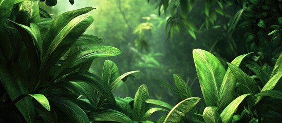 Poster - Lush tropical foliage with vibrant green leaves creates a dense jungle backdrop emphasizing rich textures and vibrant summer hues.