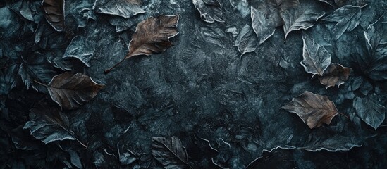 Leinwandbilder - Frozen dark leaves scattered on a textured surface, showcasing shades of deep gray and brown, creating a moody autumnal background.