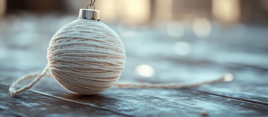Poster - Close up of a white Christmas ornament on rustic wooden surface with soft bokeh lights in the background creating a warm festive atmosphere.