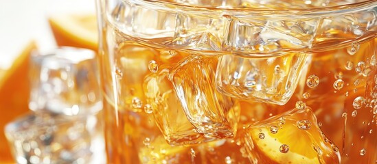 Aufkleber - Close up of chilled orange juice in a glass with ice cubes reflecting light, surrounded by slices of orange, highlighting a refreshing summer beverage.