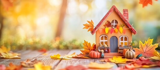 Poster - Charming miniature house surrounded by colorful autumn leaves and pumpkins on a wooden surface, bathed in warm golden sunlight.