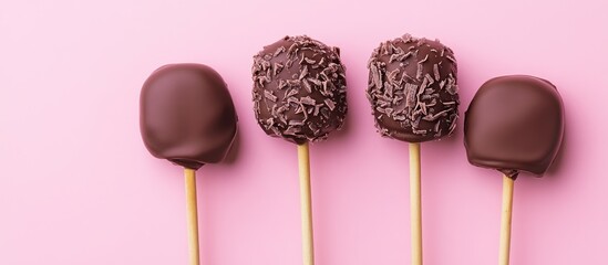 Poster - Chocolate pops on wooden sticks arranged horizontally with textured chocolate coating on a soft pastel pink background creating ample copy space.