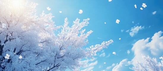 Aufkleber - Winter landscape with blue sky and white snow-covered branches, sunlight shining from the left, falling snowflakes creating a serene atmosphere.